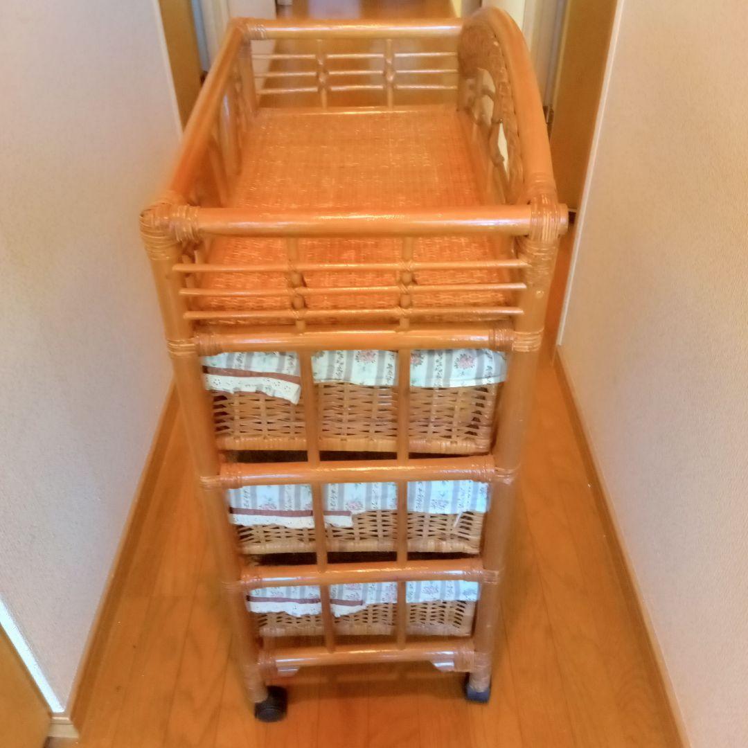 ​ラタン 籐 チェスト 4段 バスケットワゴン キャスター付 花柄カバー 収納