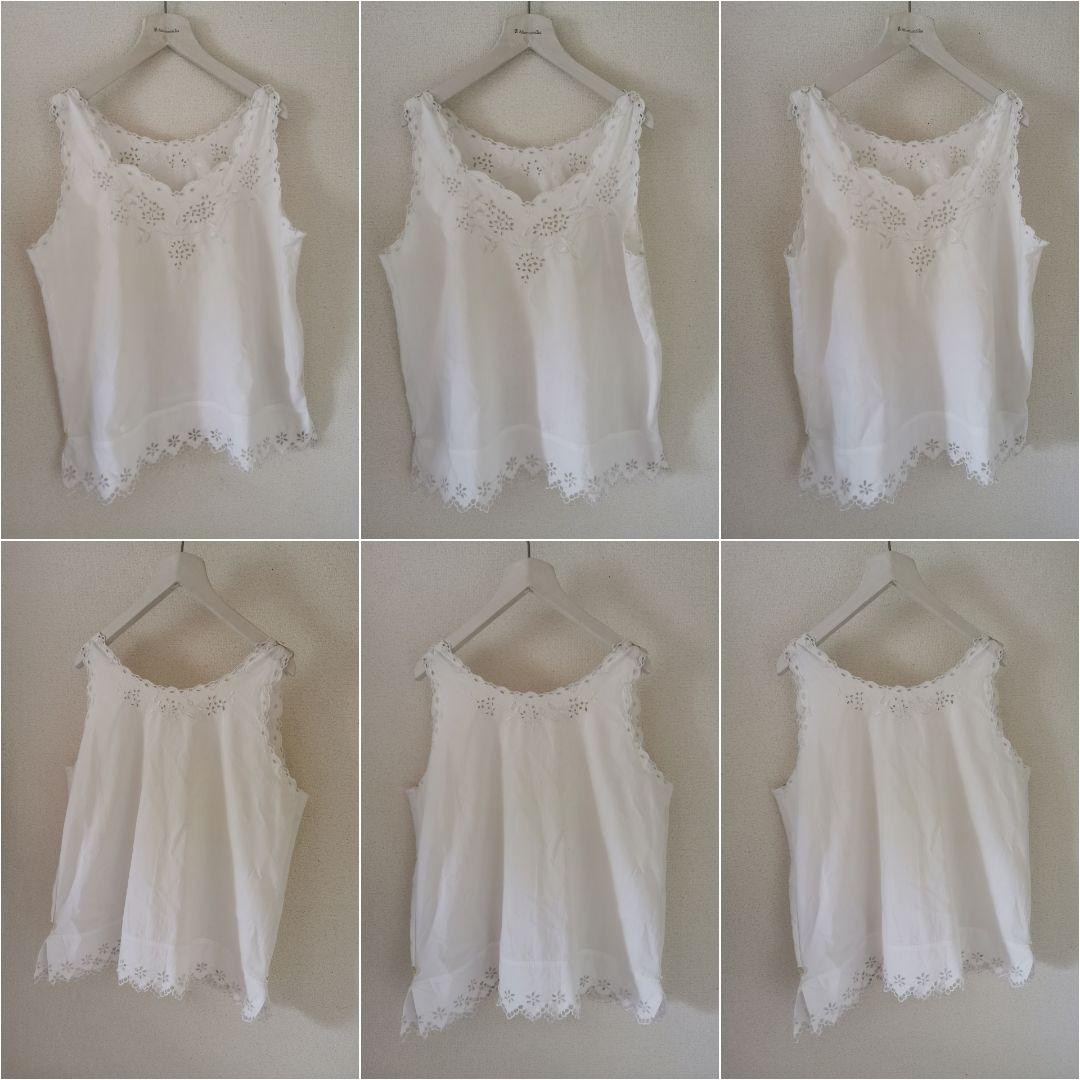 アンティークフランス アイレット花刺繍 スカラップリム リネンシャツ トップス