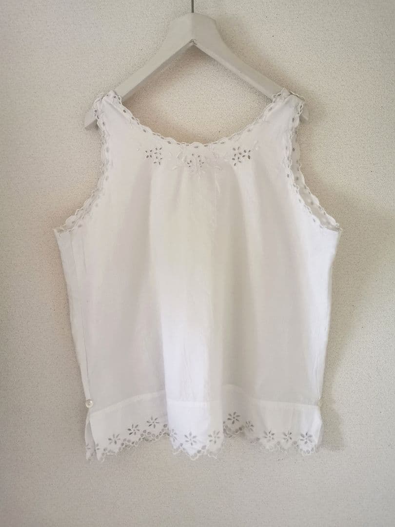 アンティークフランス アイレット花刺繍 スカラップリム リネンシャツ トップス