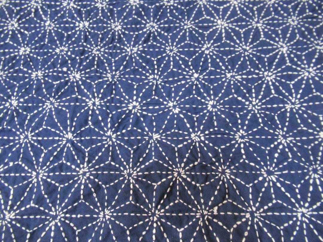 未使用1940年頃◆縦長4m34cm、横1m6cm 木綿藍染『麻の葉模様』刺し子