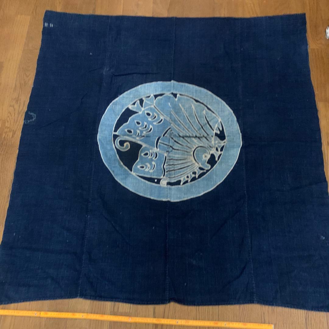 特大！　古布　筒描き　藍染　蝶　浅葱色　幅4枚　丸に揚羽蝶
