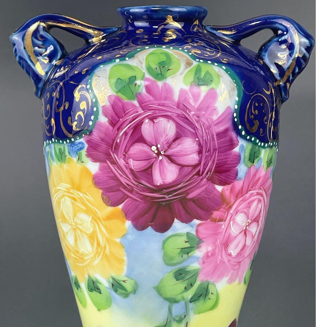 【希少】オールドニッポン 約２２．５cm アールヌーボー薔薇紋金盛りコバルト花瓶