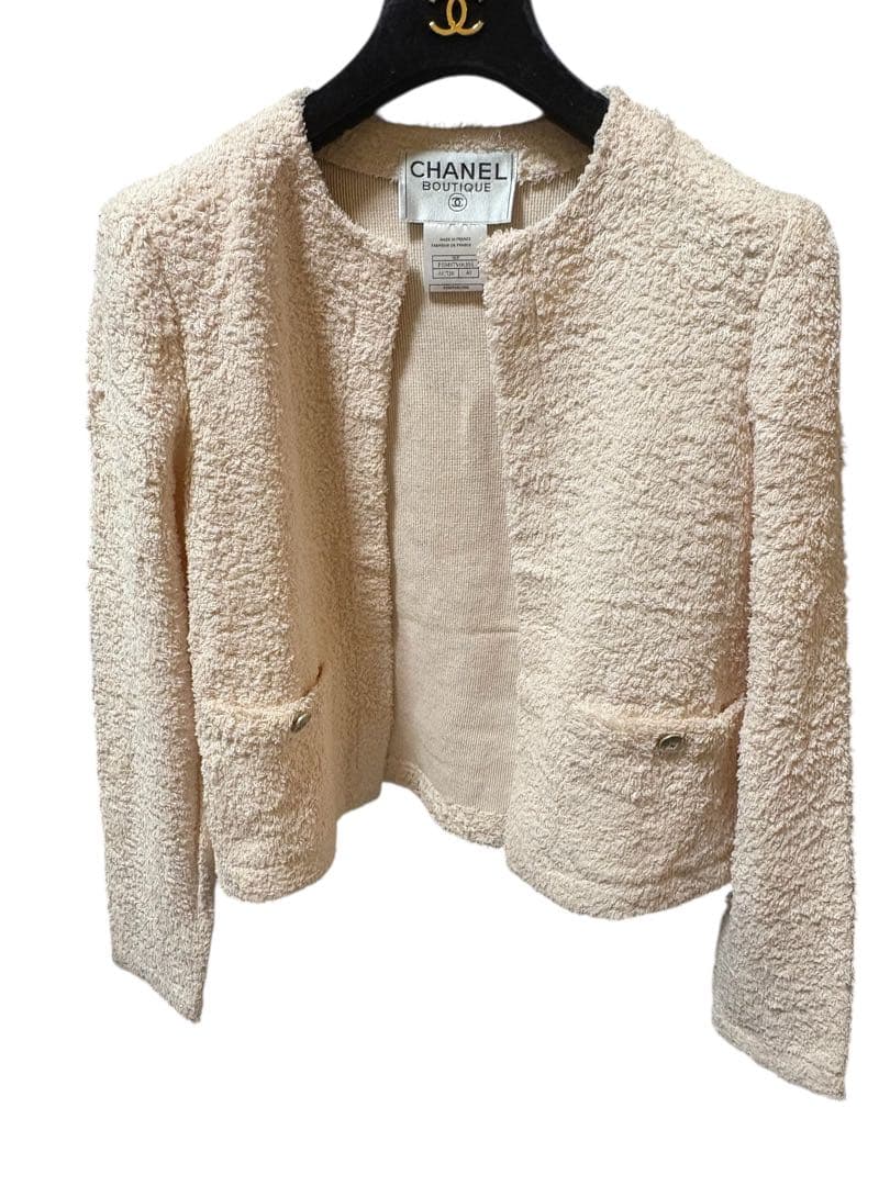 CHANEL 98P ヴィンテージ ピンク シルクパイル地 ノーカラージャケット