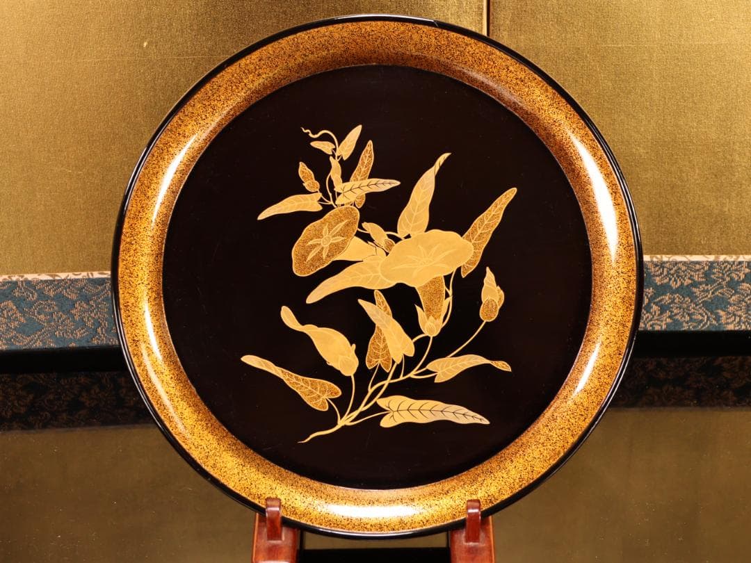 BJ417 時代輪島塗 図替草花金蒔絵 四客 吸物盆 菓子盆 丸盆 大聖寺 梨地