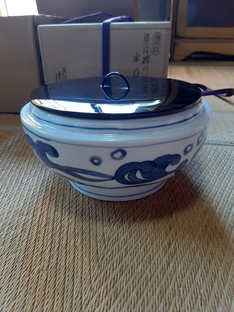 茶道具　染付　桜川　櫻川　水指　共箱　膳所焼　五角　水差　水入れ　岩崎新定