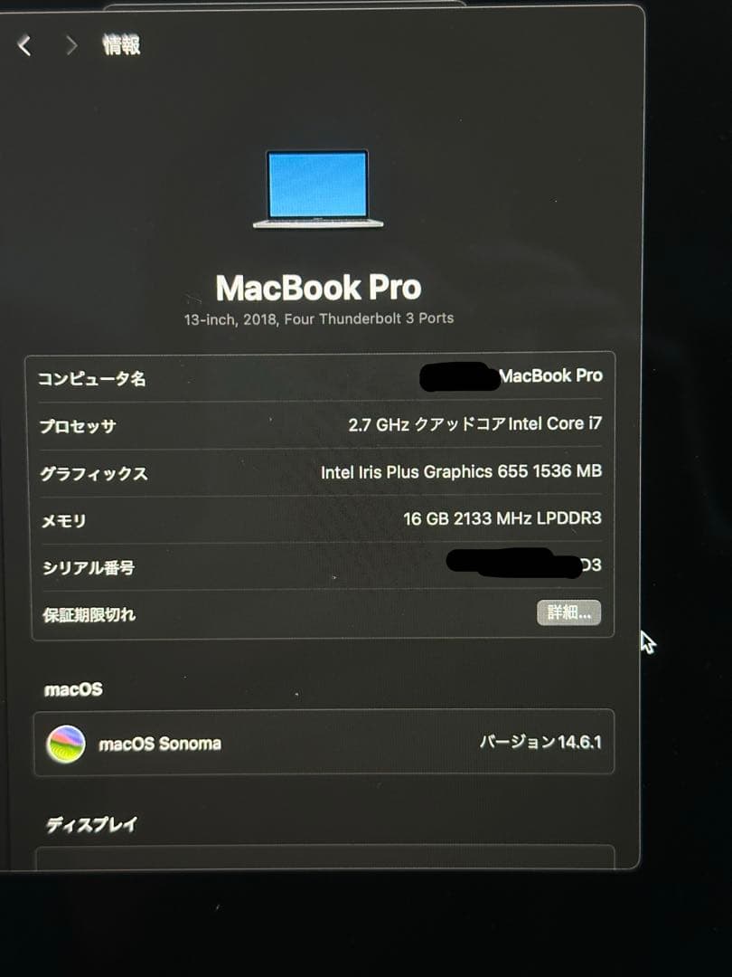 MacBook Pro 2018 13インチ Core i7 16GB 1TB