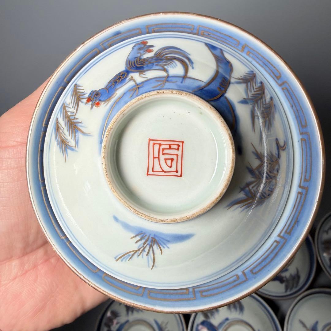 古伊万里　染錦鶏文様蓋物　碗　19客　当時共箱付　江戸後期　器を楽しむ　料理屋