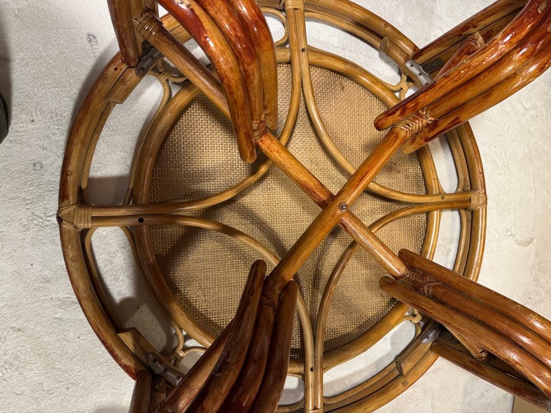 昭和レトロ　ラタン ガラステーブル 籐 　座卓　円卓　ヴィンテージ おしゃれ