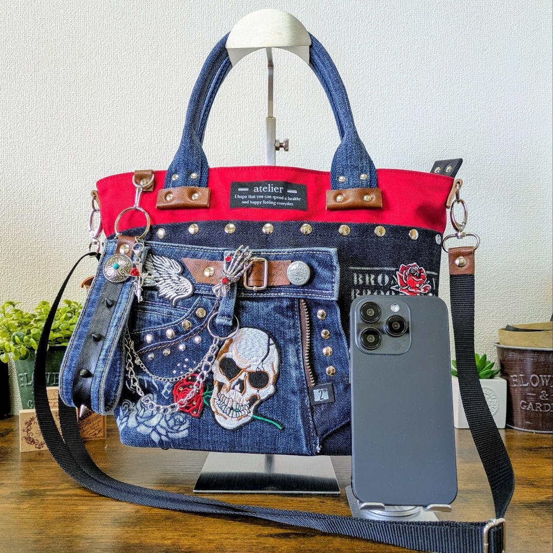 デニムリメイク 2wayトート｜スカル×薔薇刺繍・ポケットたくさん・底鋲付き