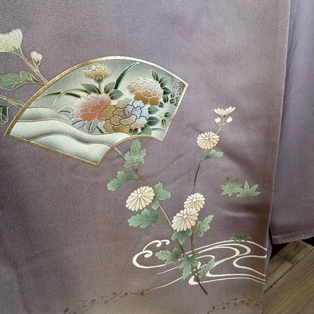 しつけ付　訪問着　広襟　正絹　袷　着物　現代　藤色　紫　薄紫　金彩　158裄64