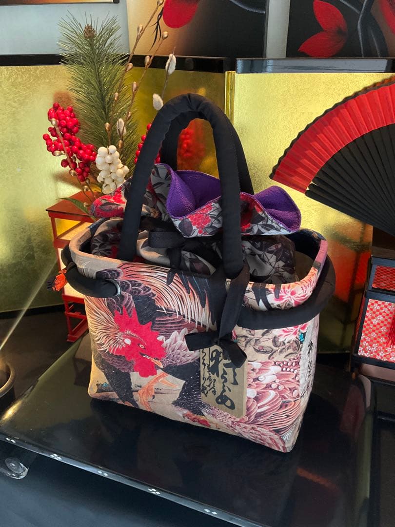 一閑張り　一閑張りバッグ　古文書　和紙　大正　着物　竹籠 伊藤若冲　紫陽花双鶏図