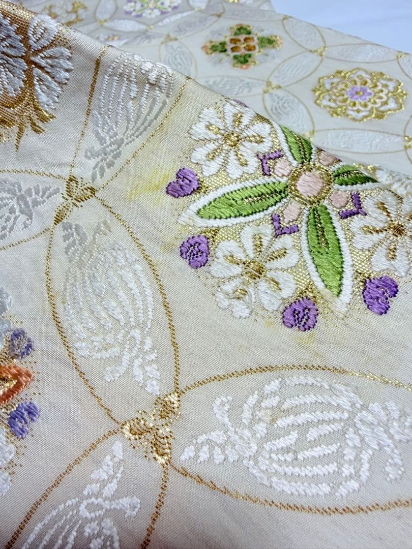 高級 袋帯 正絹 六通柄 七宝柄 ホワイト シルバー 唐織 訪問着