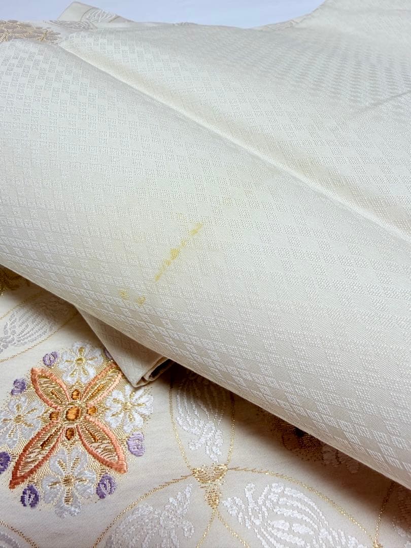 高級 袋帯 正絹 六通柄 七宝柄 ホワイト シルバー 唐織 訪問着