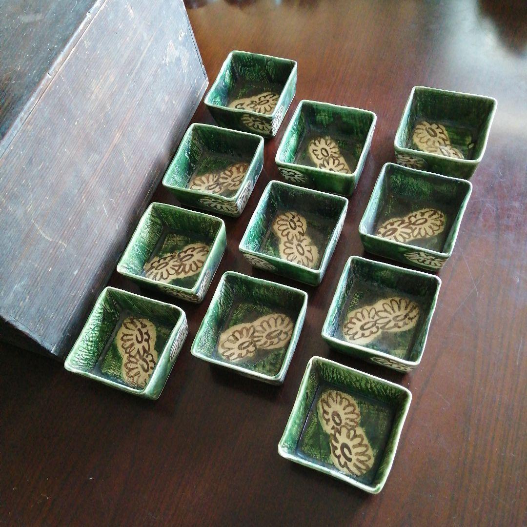 瀬戸焼　加藤作助　織部角向付　11客　10cm　大正〜昭和初期