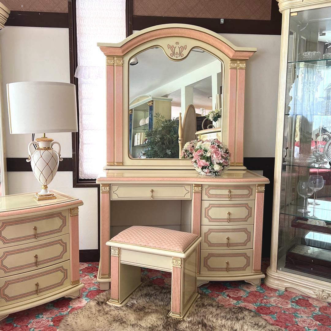 k411r120 イタリア製 ロココ調ドレッサー・チェアセット 姫系 白家具
