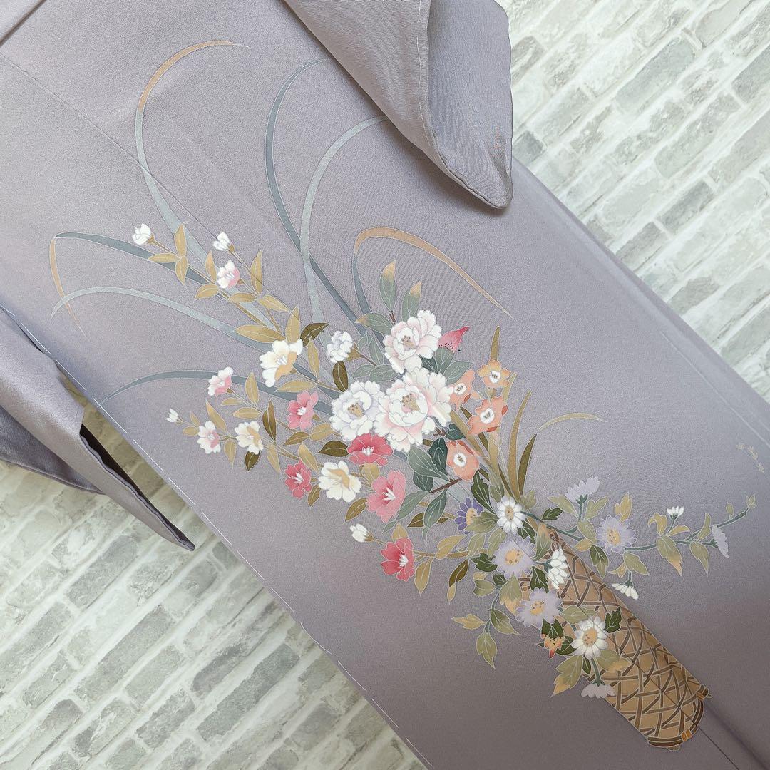 訪問着　フルセット　友禅　虫喰い　花器　落款　椿の枝　入学式　卒業式　着物　P4