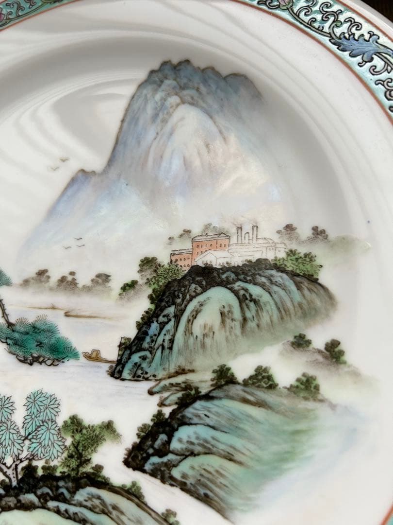 美品◆景徳鎮中華大皿25.5㎝山水画デザインの皿3枚セットプレート