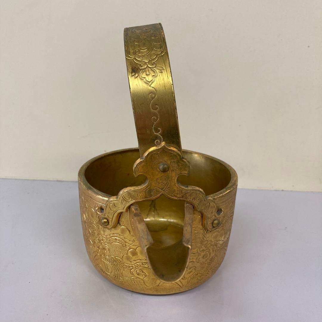 E4 骨董品真鍮製 彫金 提子古い酒器 アンティーク 中国美術 昭和レトロ レト