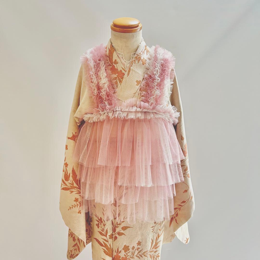 被布エプロン【ピンクベージュフリル】チュール被布　七五三　チュールドレス　被布