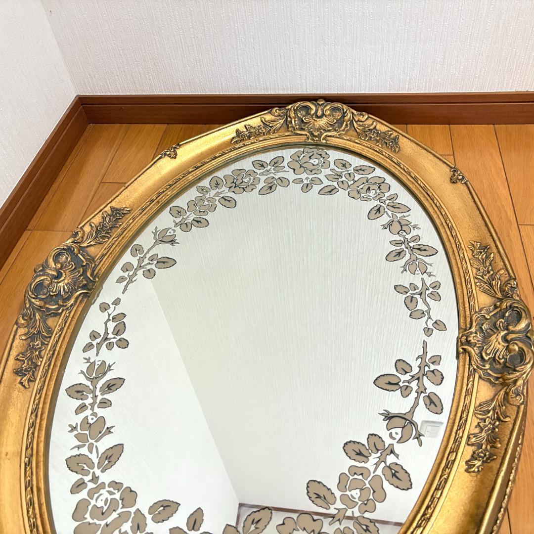 ウォールミラー アンティーク ゴールド装飾 楕円形 壁掛け鏡 レトロ 現状品
