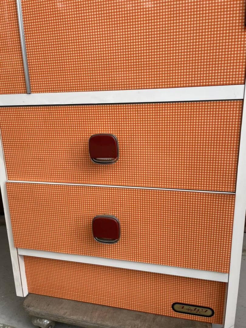 昭和レトロ　洋服タンス　スリム　オレンジチェック×ホワイト　ワードロープ