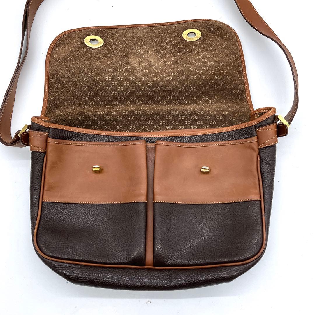 【GUCCI】メッセンジャーバッグ　ゴールド金具　レザー　ダークブラウン　A4