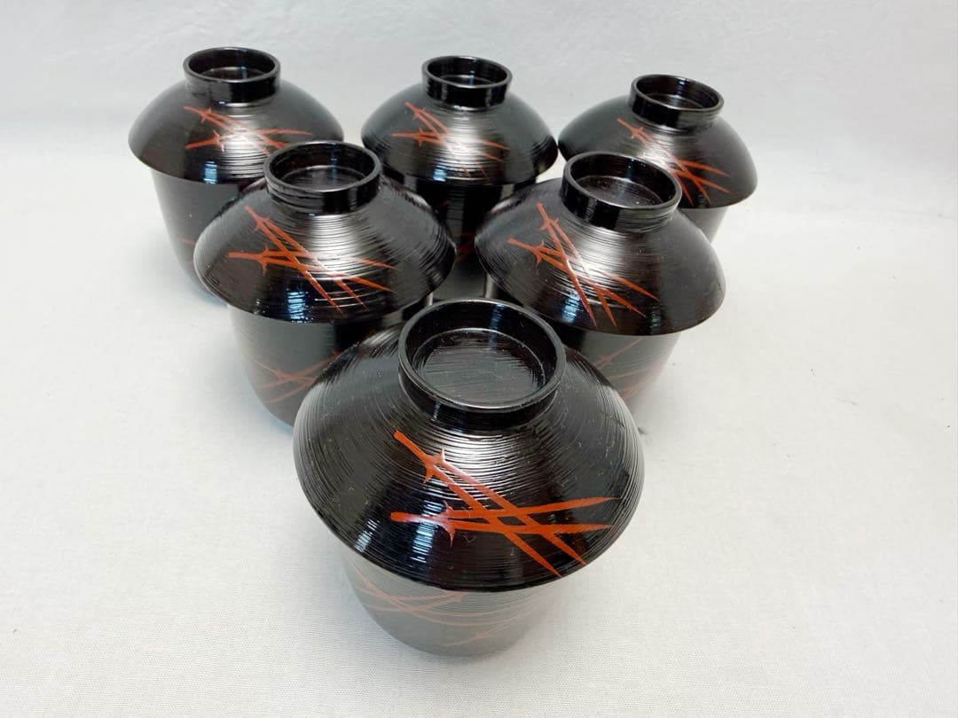 未使用 懐石道具 黒塗 松葉蒔絵 箸洗 六客揃 小吸物椀 和食器 汁椀 蓋付椀