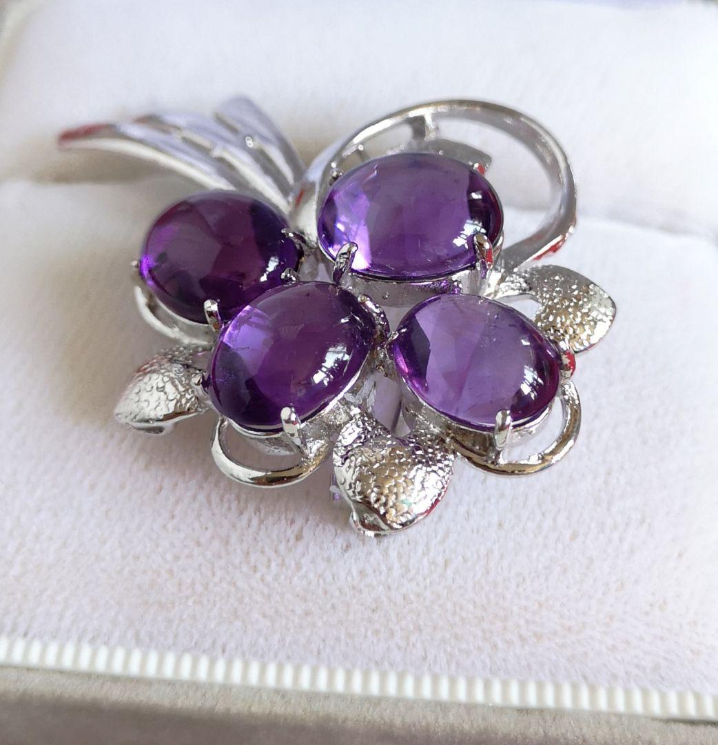 ブローチ シルバー製 天然石 アメジスト カボッション 裏面カッティング 912