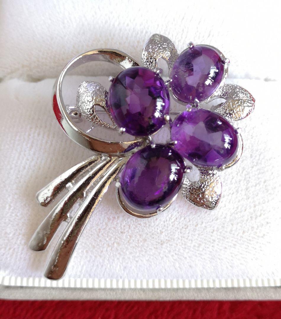 ブローチ シルバー製 天然石 アメジスト カボッション 裏面カッティング 912