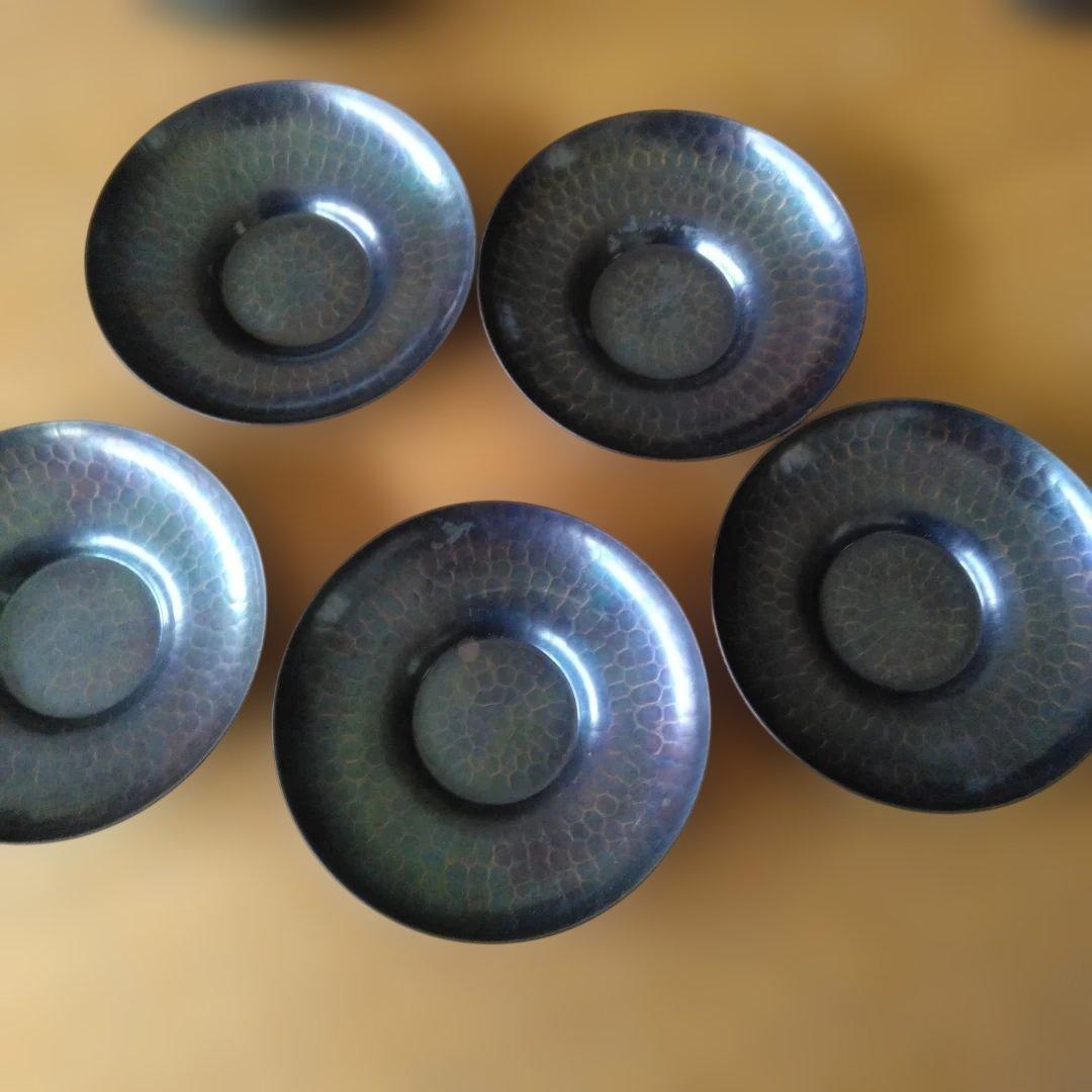 玉川堂　 銅製品　打ち出し　　 茶たく5枚　茶こぼし　茶筒