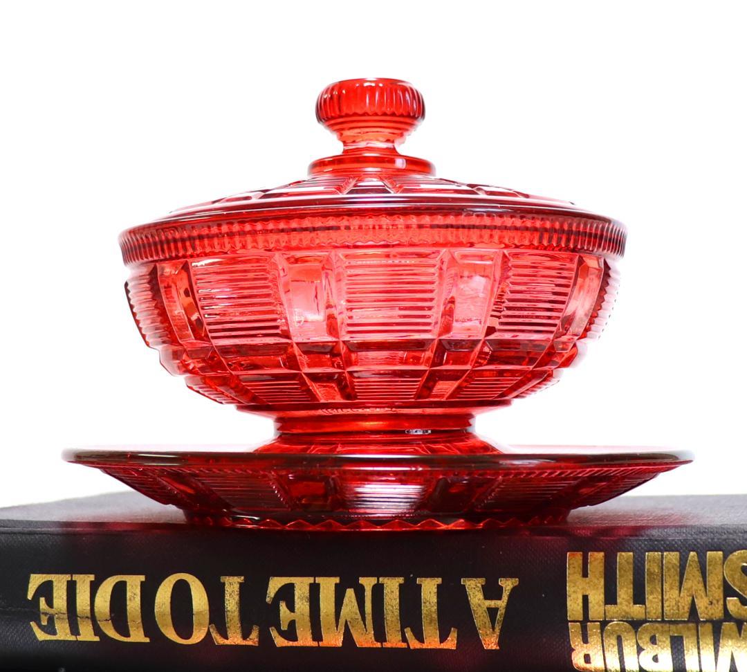 オールド・バカラ 激レア ルビーレッド色ガラス 蓋物＆プレート 小物入れ トレー