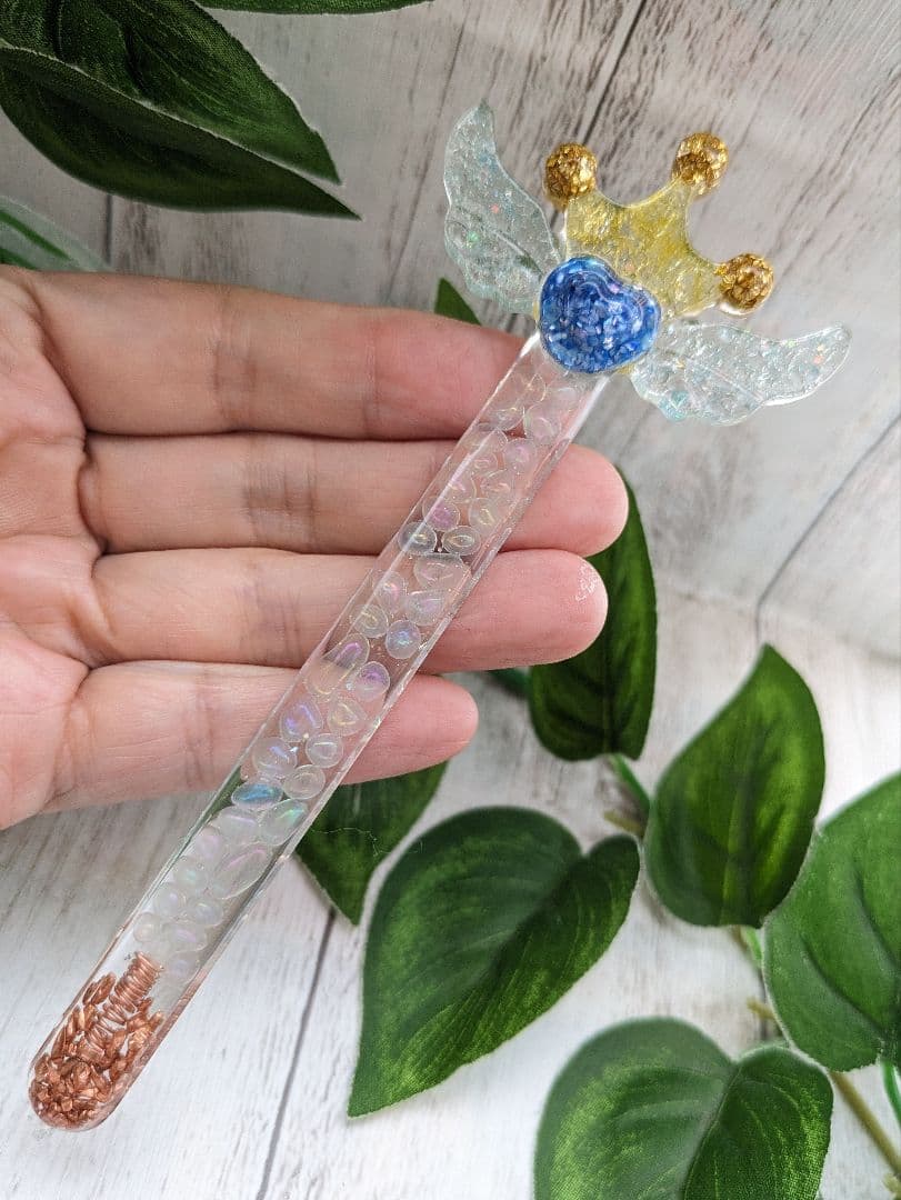 【睦月】レインボーオーラ水晶の魔法のステッキ形オルゴナイト☆他３点