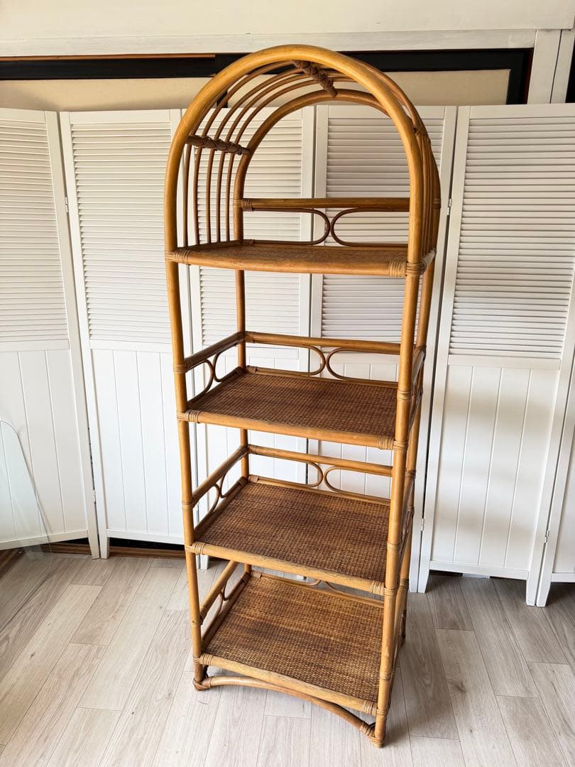 ヴィンテージ ラタンディスプレイラック 付き4段飾り棚 籐家具 収納