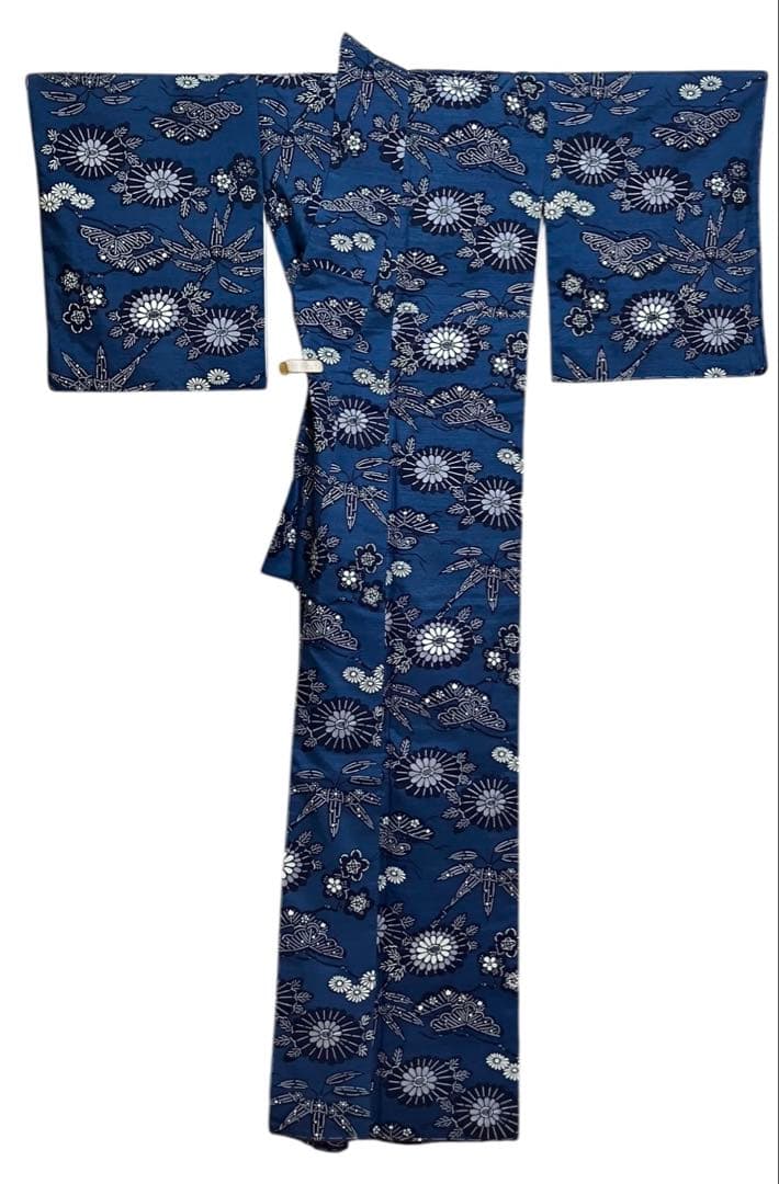 琉球藍型 琉球紅型紬 小紋 松竹梅 菊 落款 反端布 未使用 イ5835