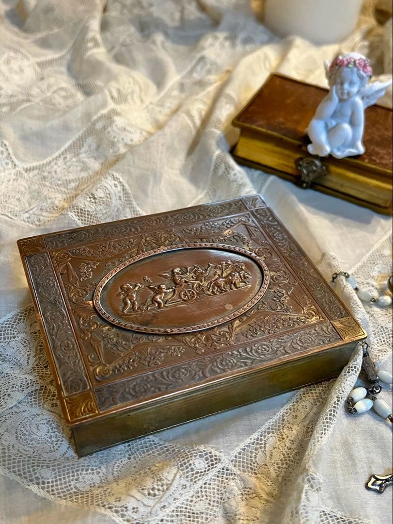 ◆フランスアンティーク｜ブロンズ真鍮エンジェル彫刻ジュエリーボックス小物入れ小箱