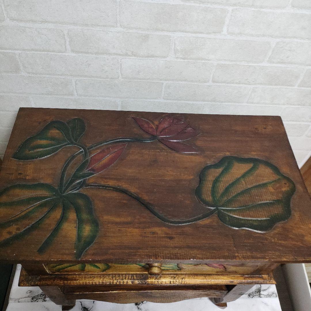 アジアン家具 バリ島 ロータス柄 木製 チェスト サイドテーブル 猫脚