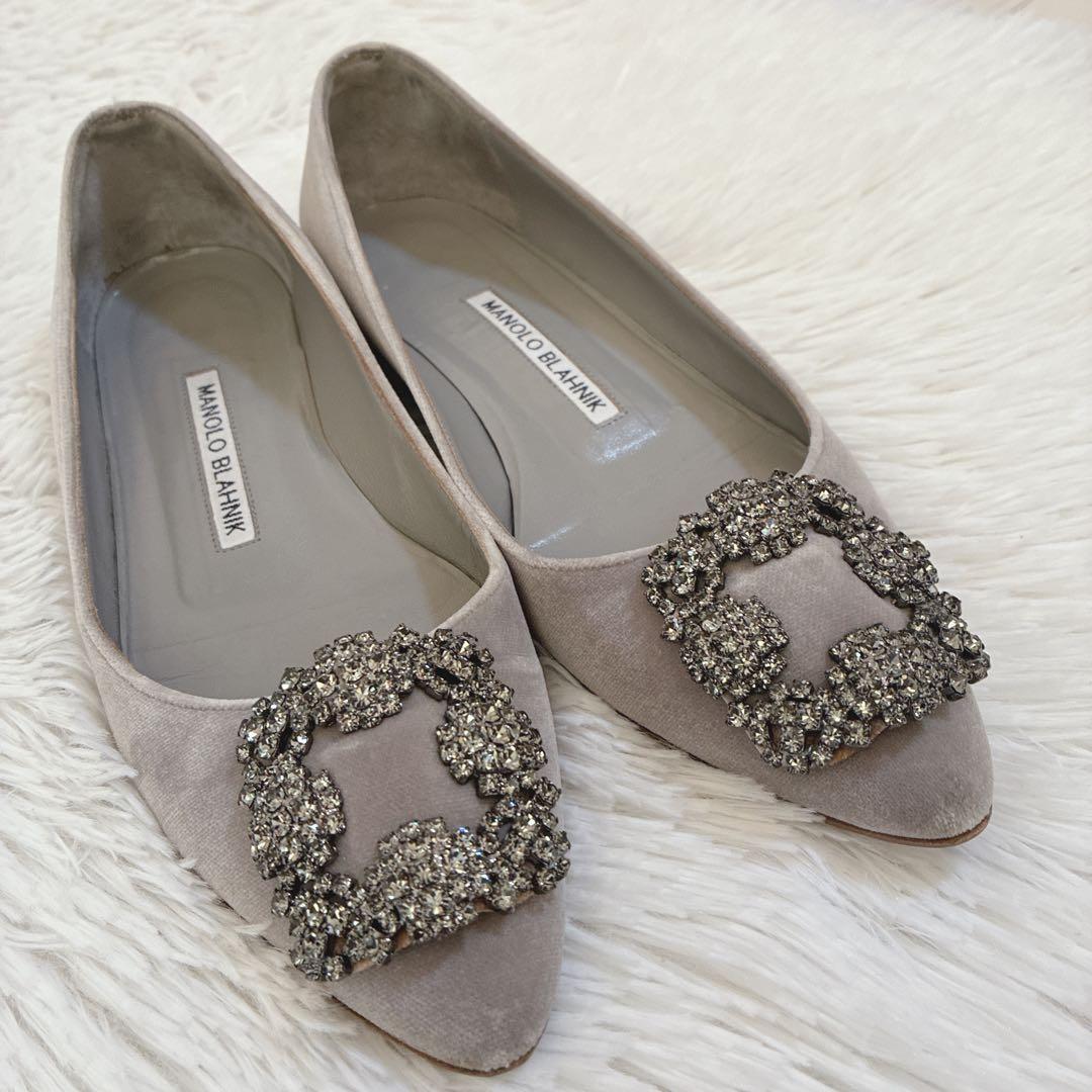 マノロブラニク　ハンギシ ビジュー　ベロア　35 パンプス　22cm グレー