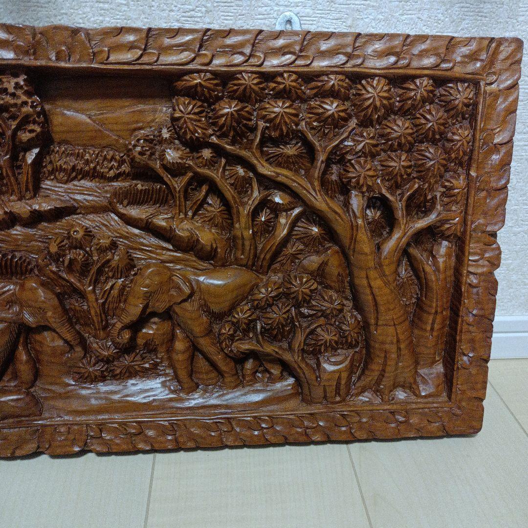 タイ製 手彫り 象 壁掛け木彫アート アジアン 彫刻 雑貨 ヴィンテージ