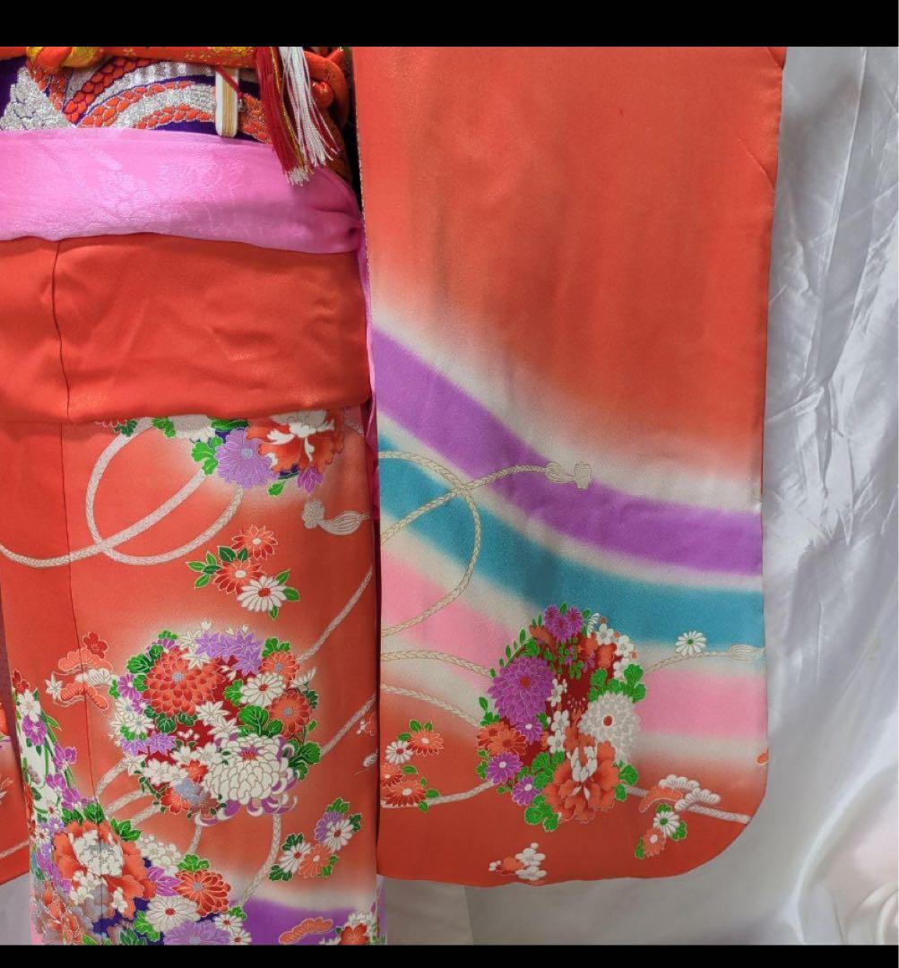 7歳七五三着物 オレンジ色 花柄刺繍付き　全セット