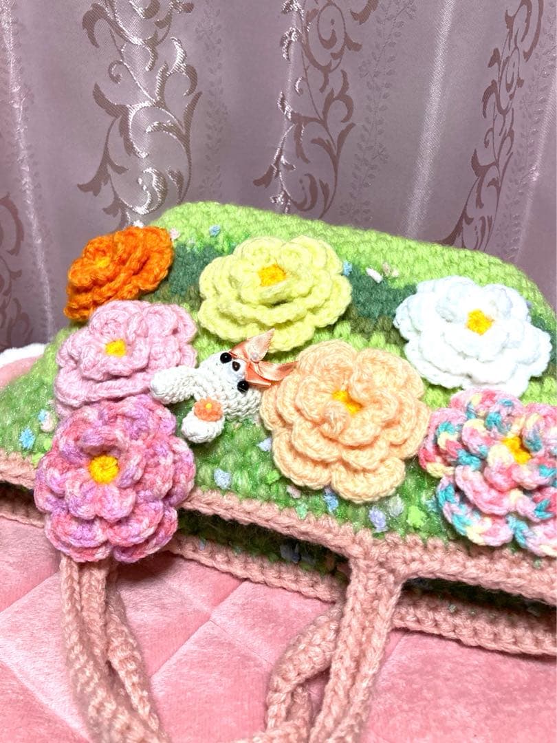 ♥️手編み♥️ハンドメイド♥️お花いっぱいバッグ♥️お花いっぱいペットボトルカバー♥️