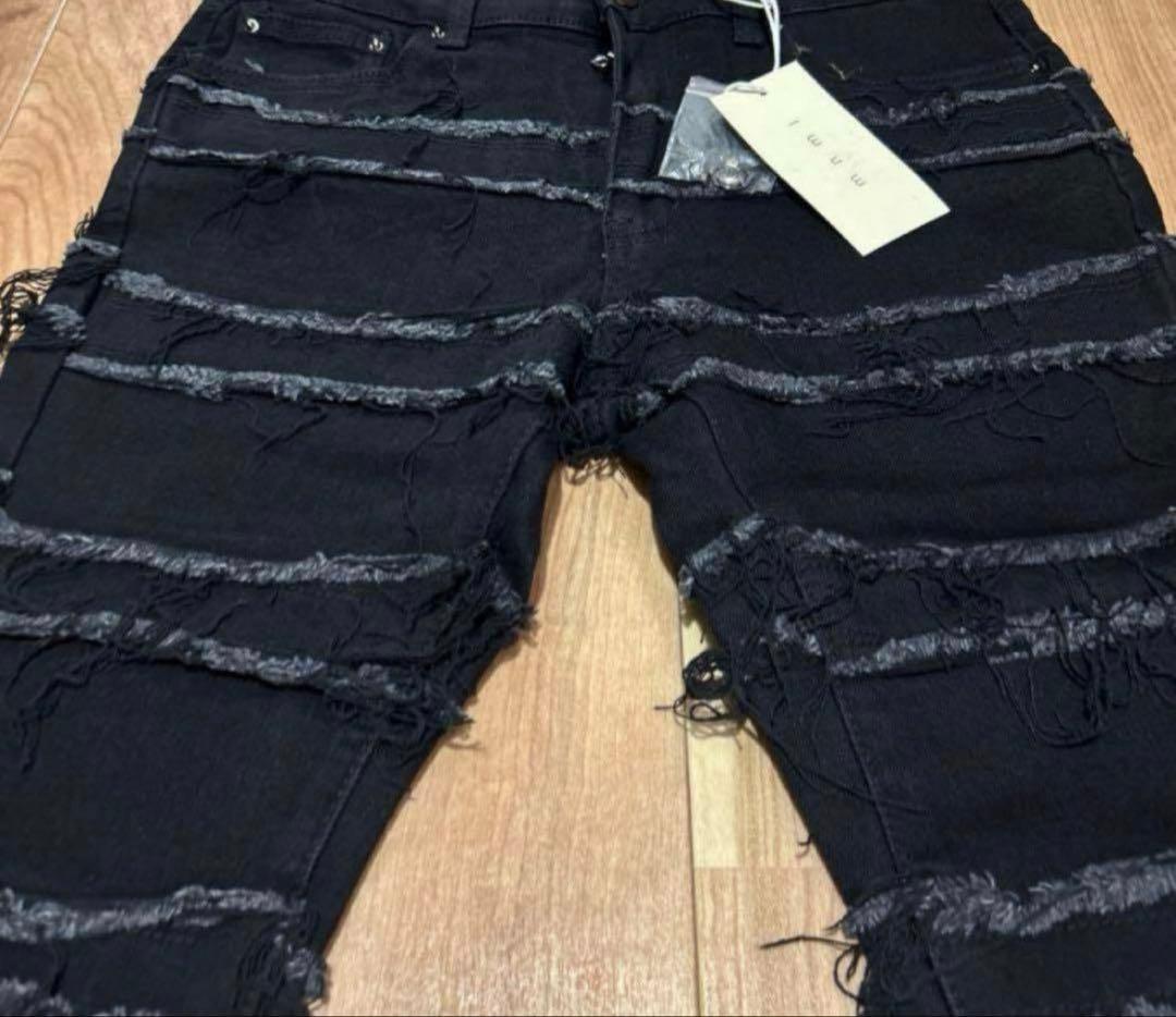 mnml28フリンジデザイン ブラックデニムパンツ