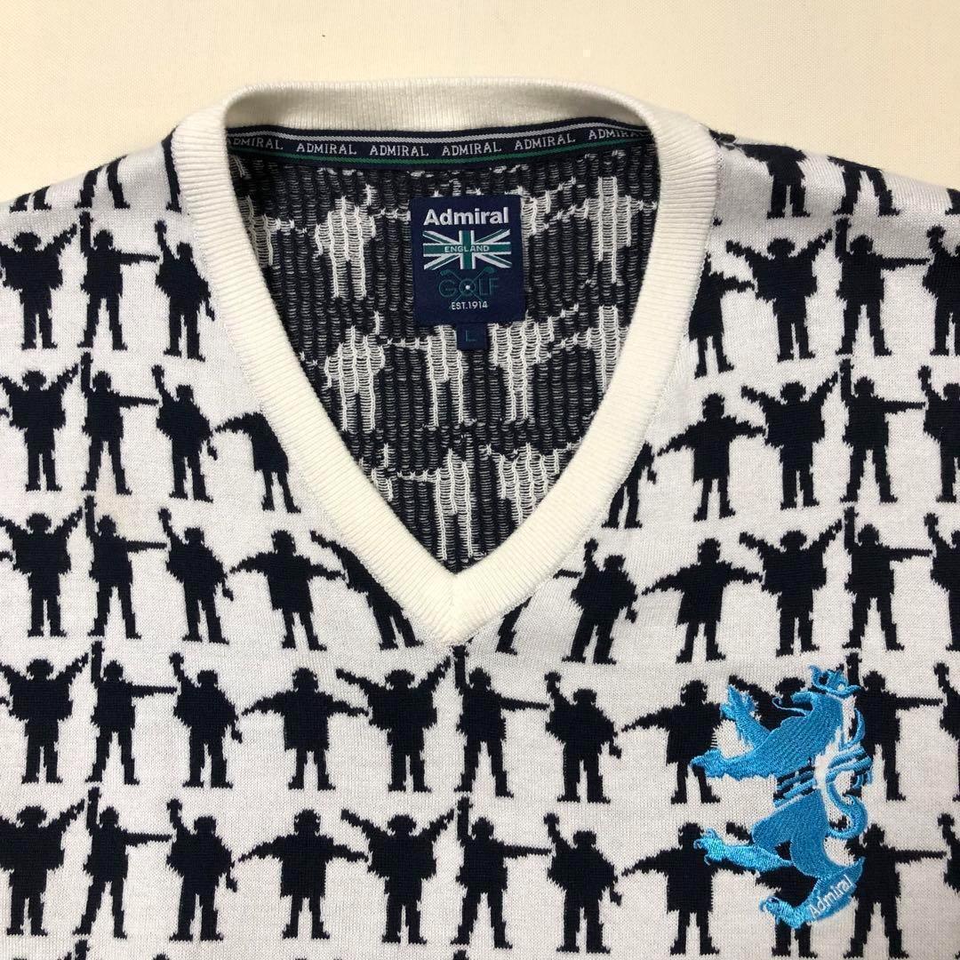 アドミラルゴルフ ビートルズ コラボ ニット ホワイト 総柄 Lサイズ