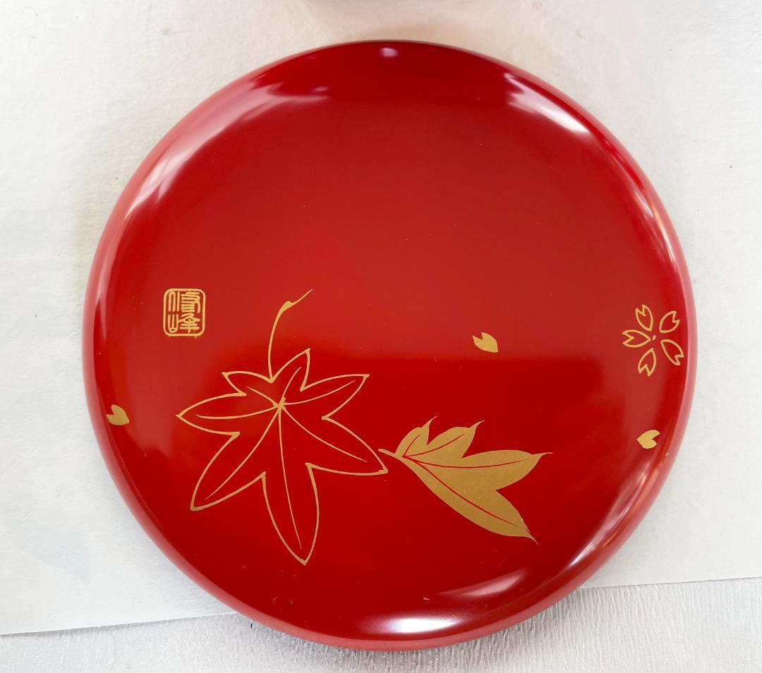 木製 重箱 本漆塗 春秋蒔絵金つづみ型 丸三段重 5寸 15cm 朱塗内すり漆