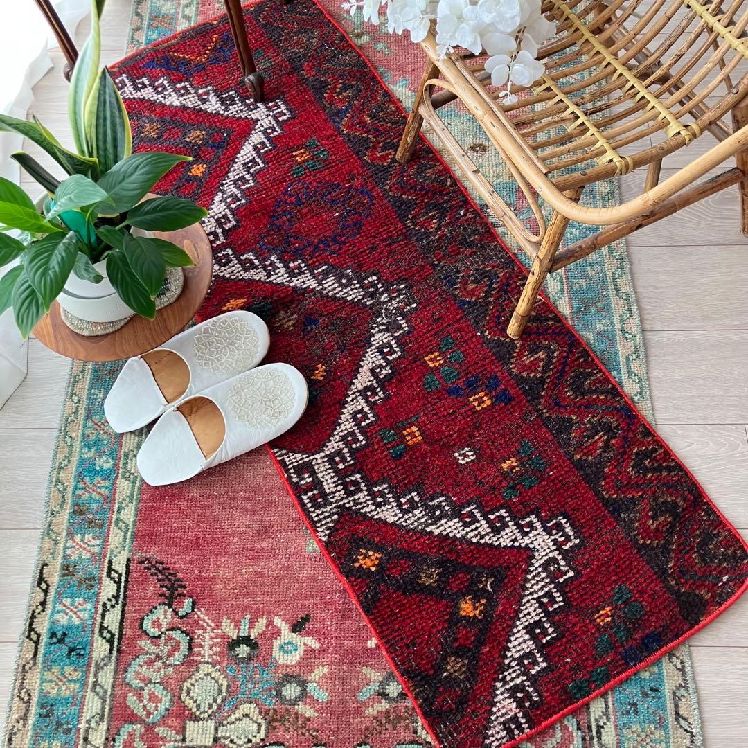 温かざっくり編み✳︎クリスマスレッド　　ロング　ランナー　トルコヴィンテージラグ