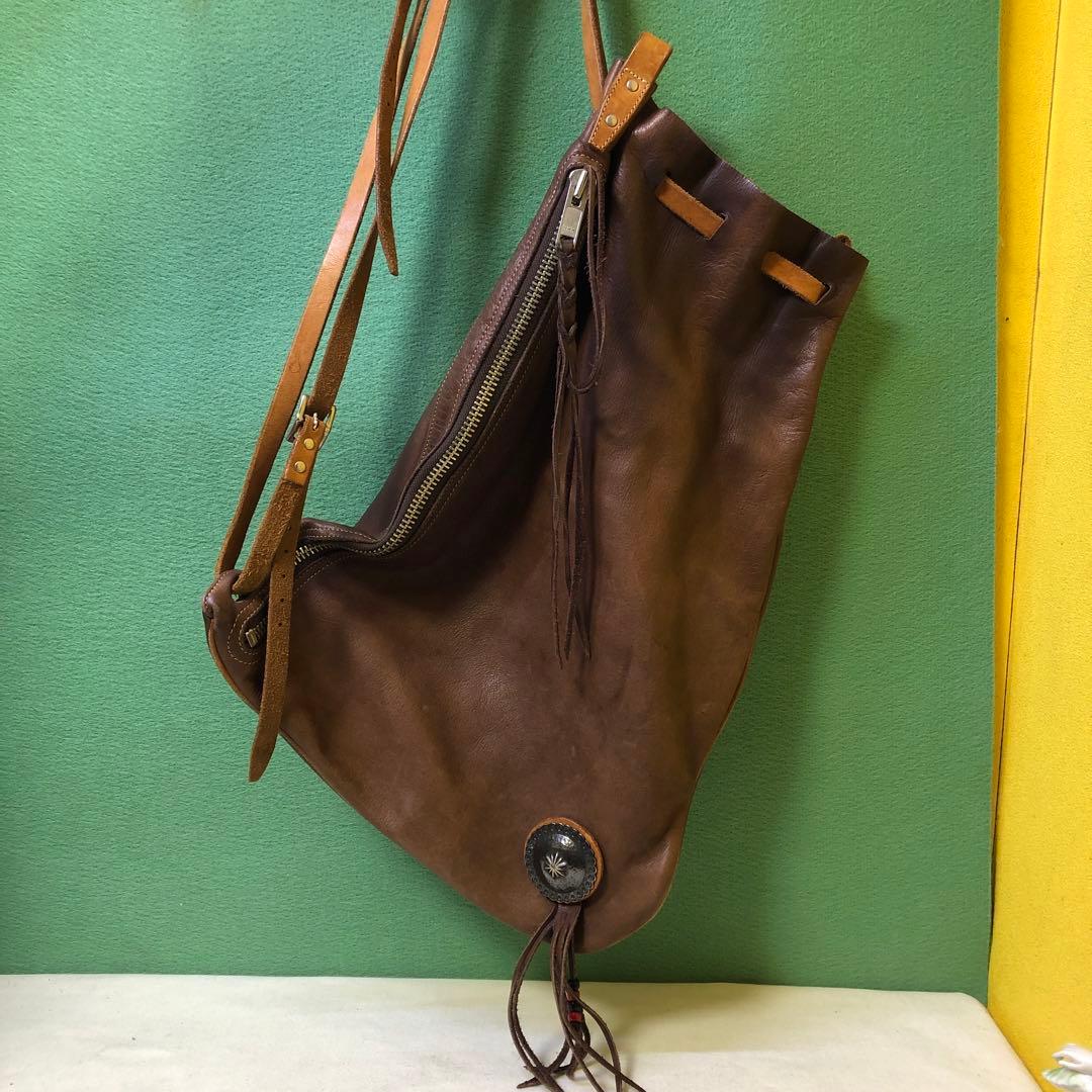 と89●REDMOON レッドムーン レザー巾着ショルダーバッグ 本革 ブラウン