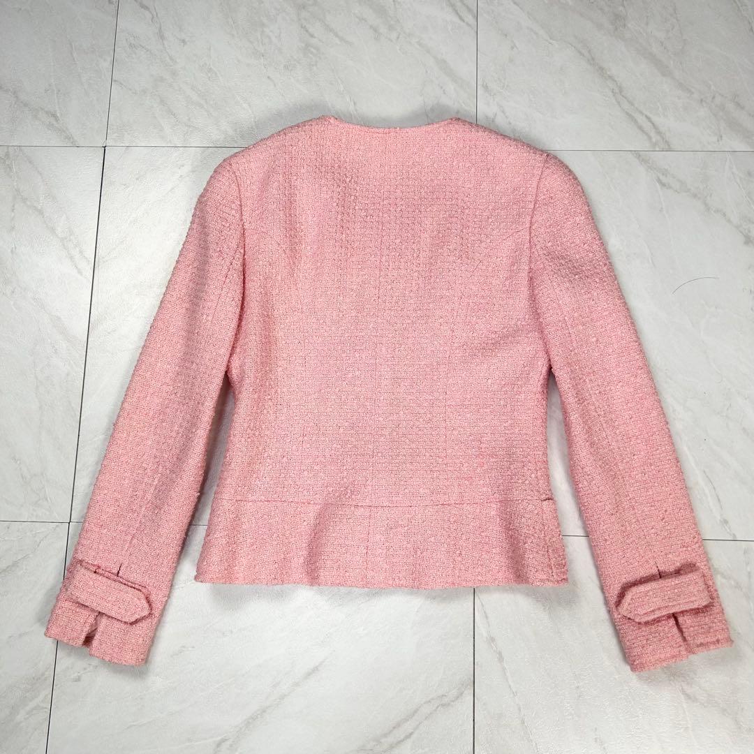 美品 CHANEL 立体 COCO ロゴ ノーカラー ツイードジャケット 38