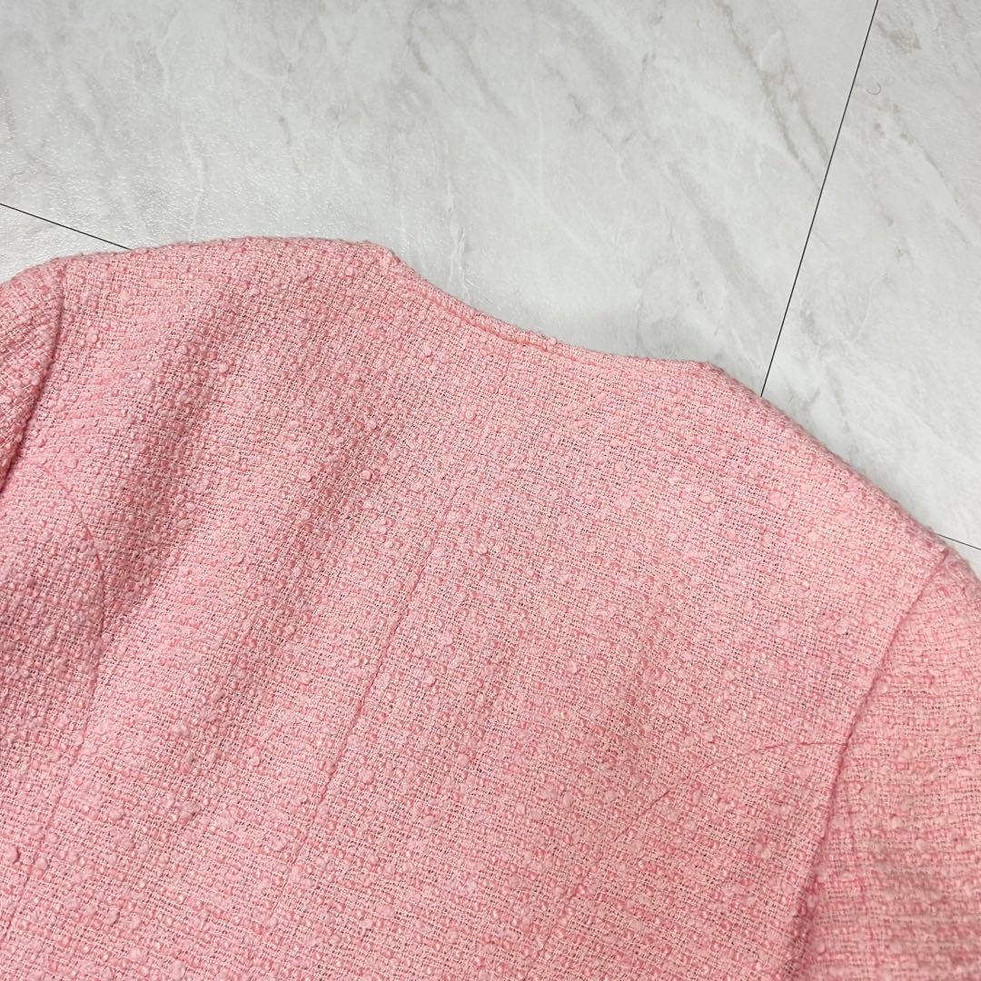 美品 CHANEL 立体 COCO ロゴ ノーカラー ツイードジャケット 38