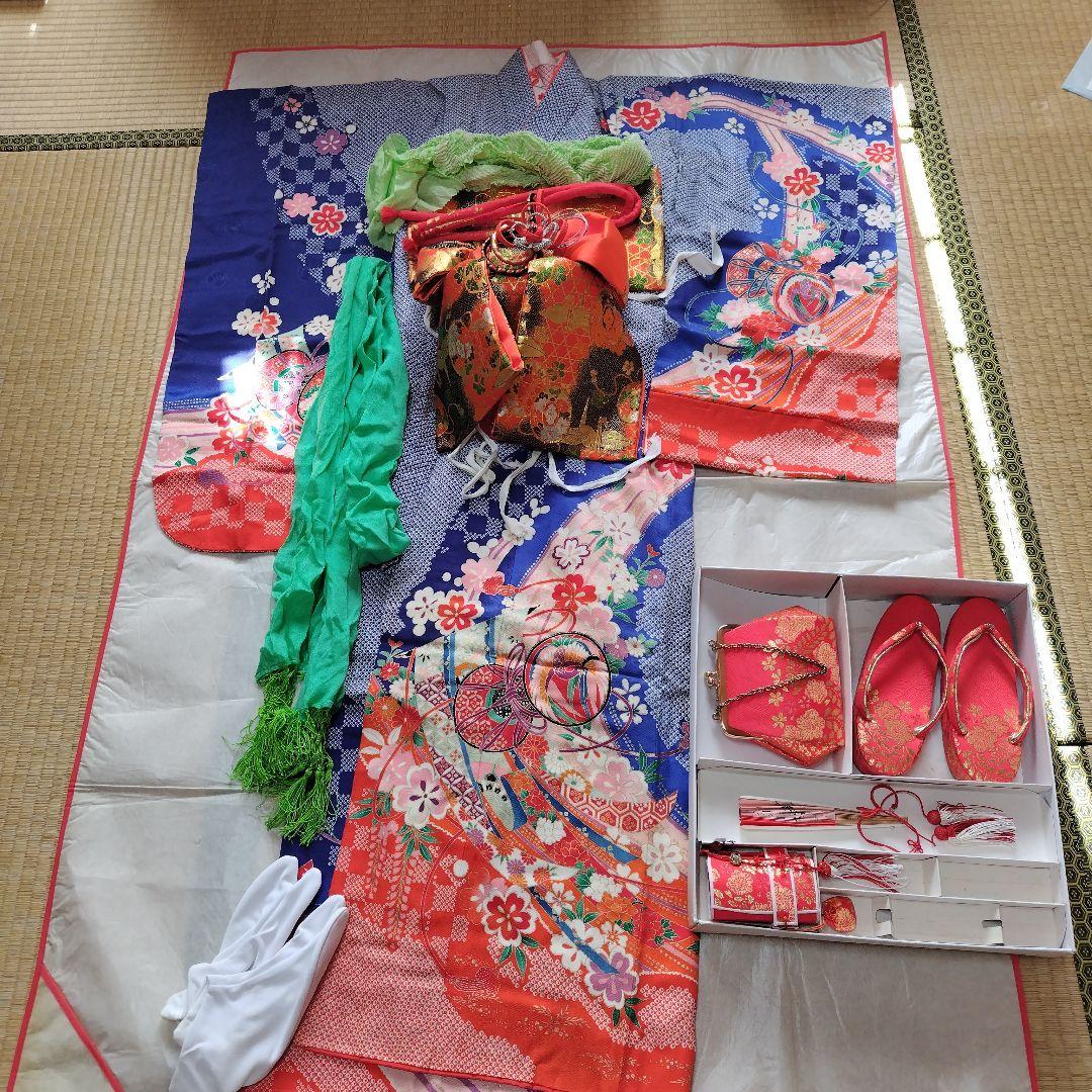NICO！ 七五三　7歳　女の子着物セット　付け帯付き　草履　青しぼり調