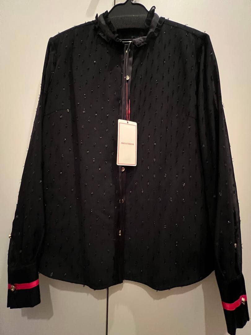 新品・未使用　DRESSTERIOR フィルムドットフリルネックブラウス 黒