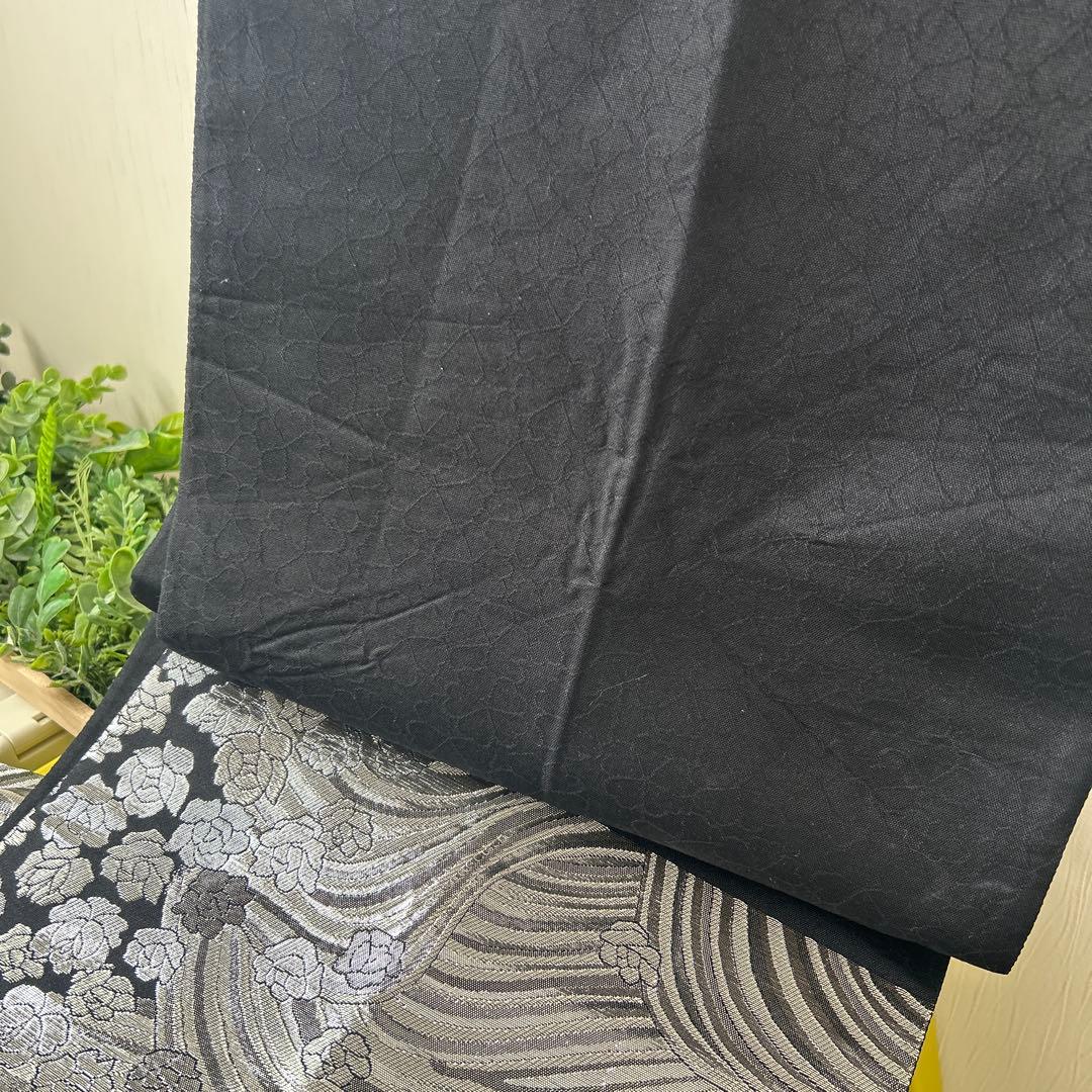 お値下げしました！【美品】袋帯 黒とグレー 銀糸波模様 正絹 六通